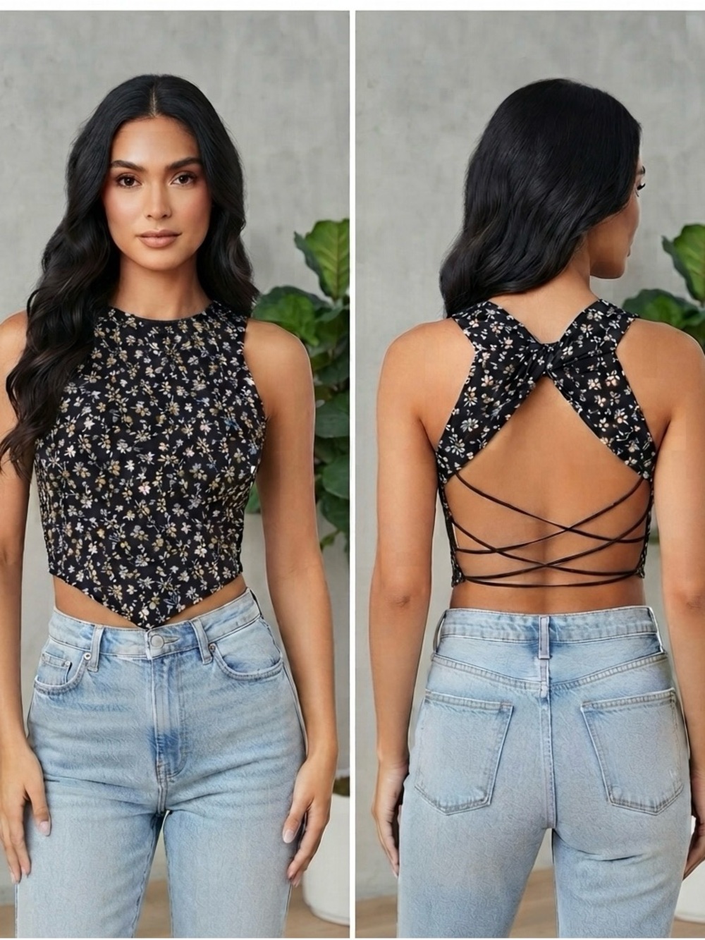 Black Floral Short-Sleeve Top by